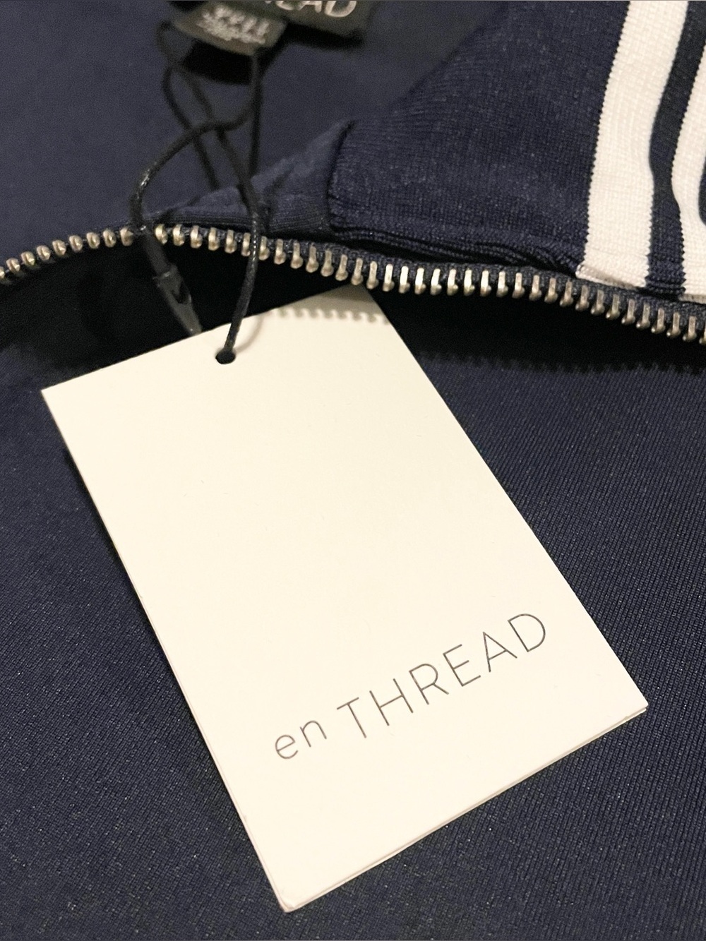 en THREAD Navy Blue Full Zip Track Jacket Sporty White Stripes Size Small Flaws - Picture 4 of 16